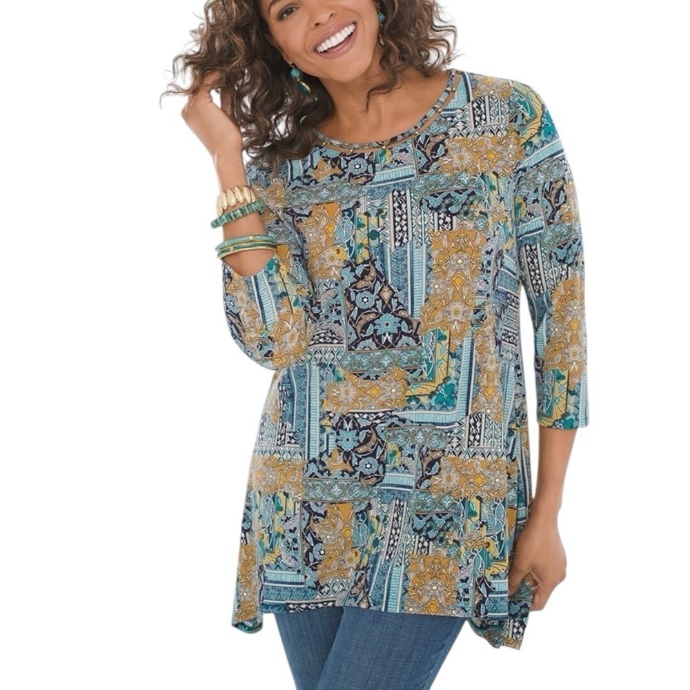 Chico’s Patchwork Tunic Top Boho Abstract Floral Cutout Scoop Neck Size 0 Small